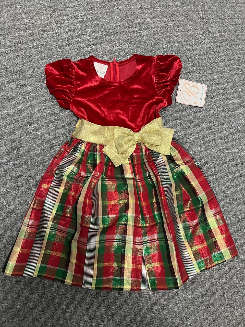 Bonnie Jean Girl’s Red Velvet & Gold Plaid Holiday Dress 6X